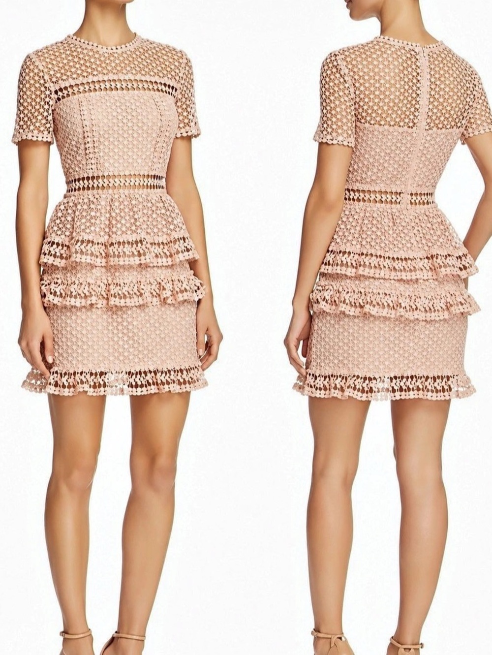 AQUA Blush Crochet Lace Mini Dress Size M Tiered Ruffle Peplum Floral Lace NWT